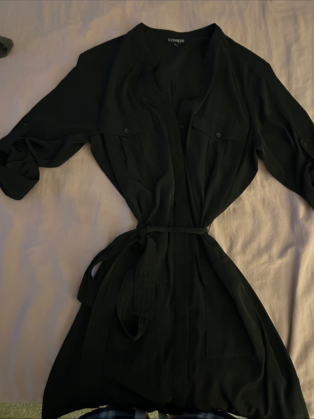 Express Black Midi Shirt Dress with Tie Waist